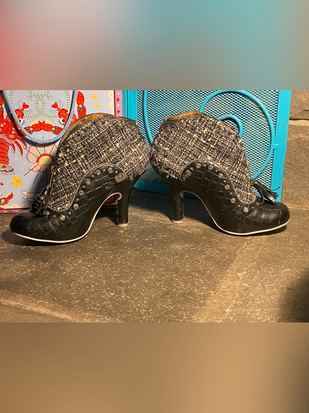 Irregular Choice BEES KNEES black/white tweed/leather booties,EUC,damaged box 8